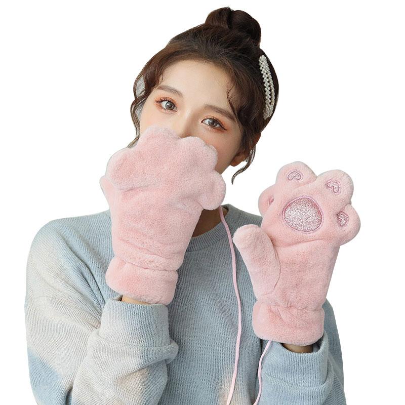 

Five Fingers Gloves 1Pair Cute Kitten Winter Soft Thickening Plush Full Finger Fluffy Bear Cat Claw Girls Mittens