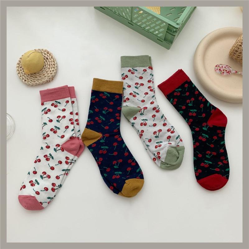 

Jeseca New Hot Cherry Print Casual Women's Socks Japanese Kawaii Girls Cartoon Cute Long Socks for Woman Harajuku Streetwear Sox, Black