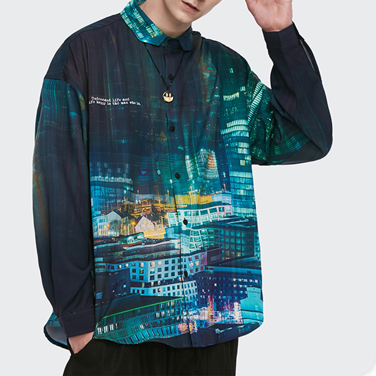 

2021 New 3d Building Print Long Sleeve Mens Autumn Harajuku Beach Shirt Hip Hop Streetwerar Color Block Cotton Loose Shirts Tops Scjt, Green