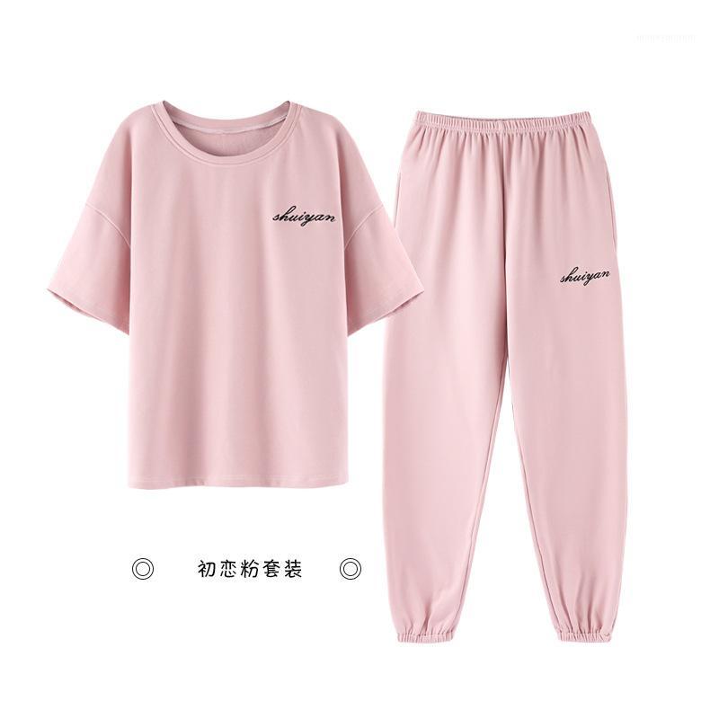 

2020 Summer Short Sleeve Cotton Breathable Simple Couple Tracksuit Set Women's Leisure Women's Pajamas Home Suit Sleepwear1, 2052-12