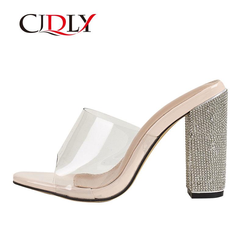 

CJDLY Big size 35-42 Women Heeled Sandals Rhinestone Slip Into Pumps Super High Heels 11 CM Square Heels Lady Shoes Party new, Black