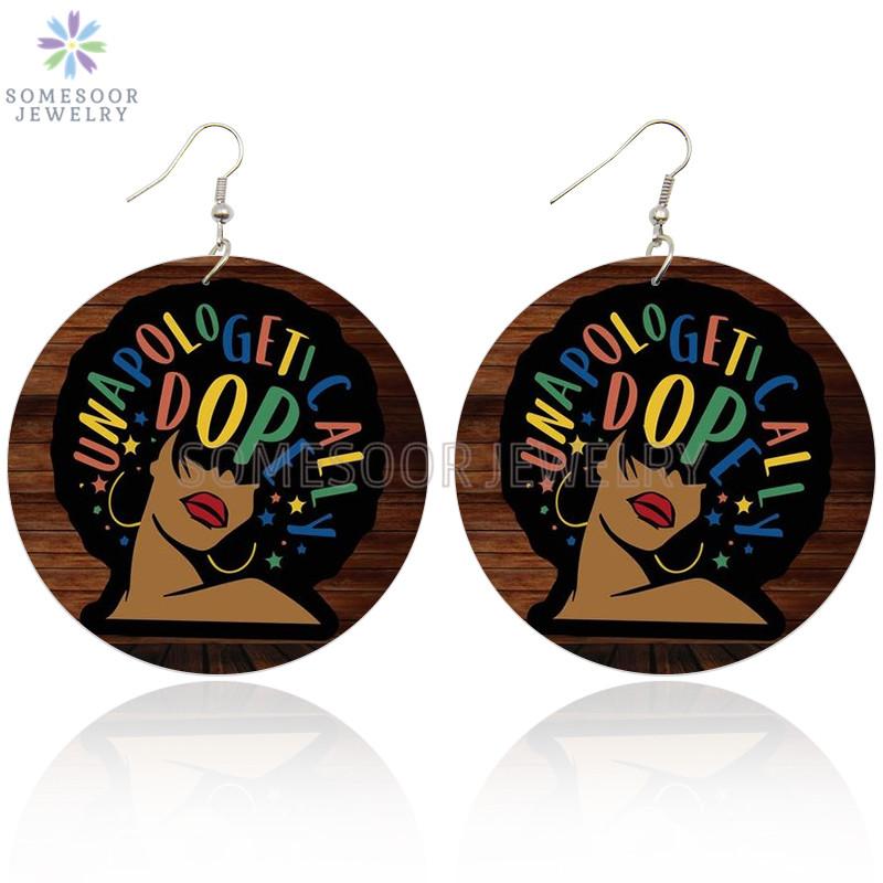 

Dangle & Chandelier SOMESOOR Unapologetically Dope Afro Wooden Drop Earrings African Curly Hair Design Printed Loops Jewelry For Women Gifts
