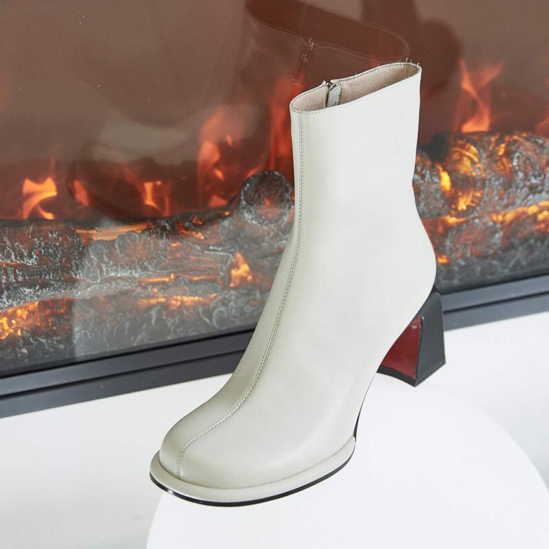 

2020 New winter shoes women's ankle boots genuine leather zipper square heel sewing keep warm nightclub elegant motorcycle boots, Beige