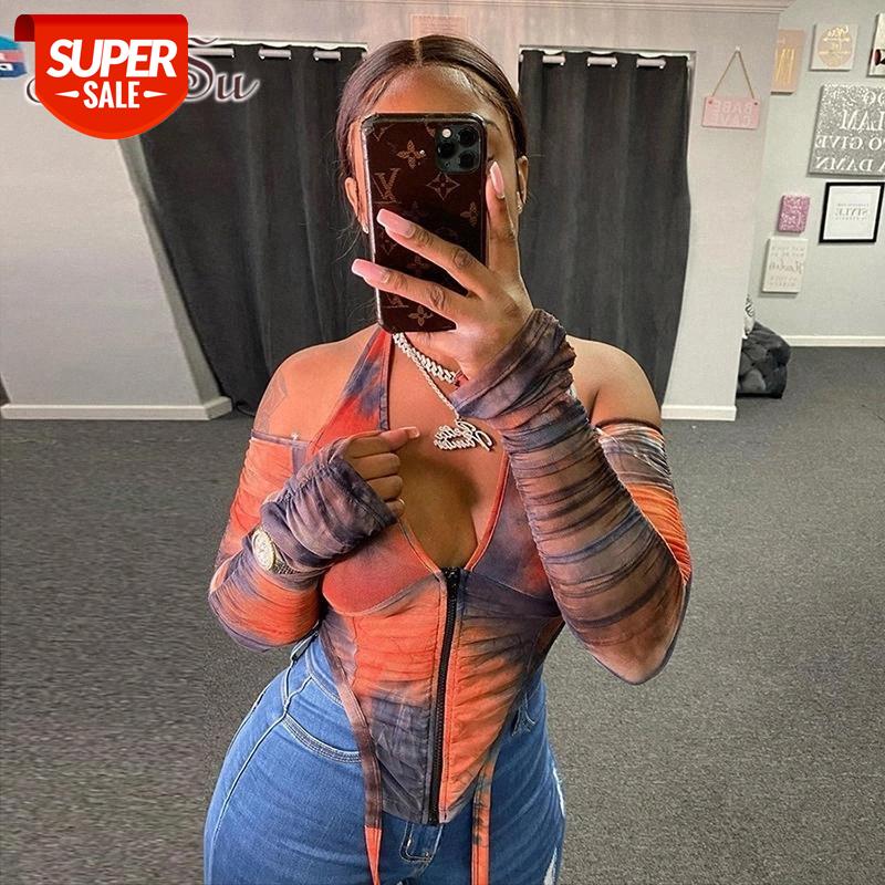 

ArtSu See-Through Halter Clubwear Women Tie Dye StackedOff Shoulder Crop Top Streetwear 2020 Fall Harajuku Mesh Tshirt TS52560 #zt2p, White