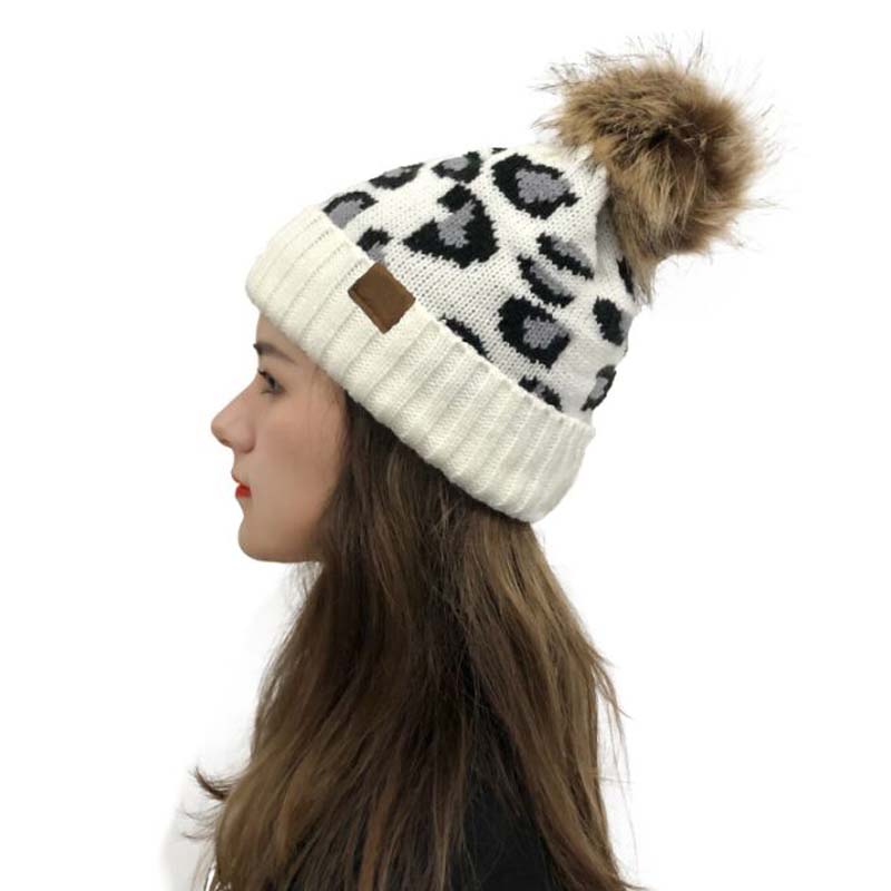 

XEONGKVI Europe Leopard Grain Flanging Knitted Cap Winter Warm Brand Artificial Hair Venonat Woolen Yarn Hats For Women, White