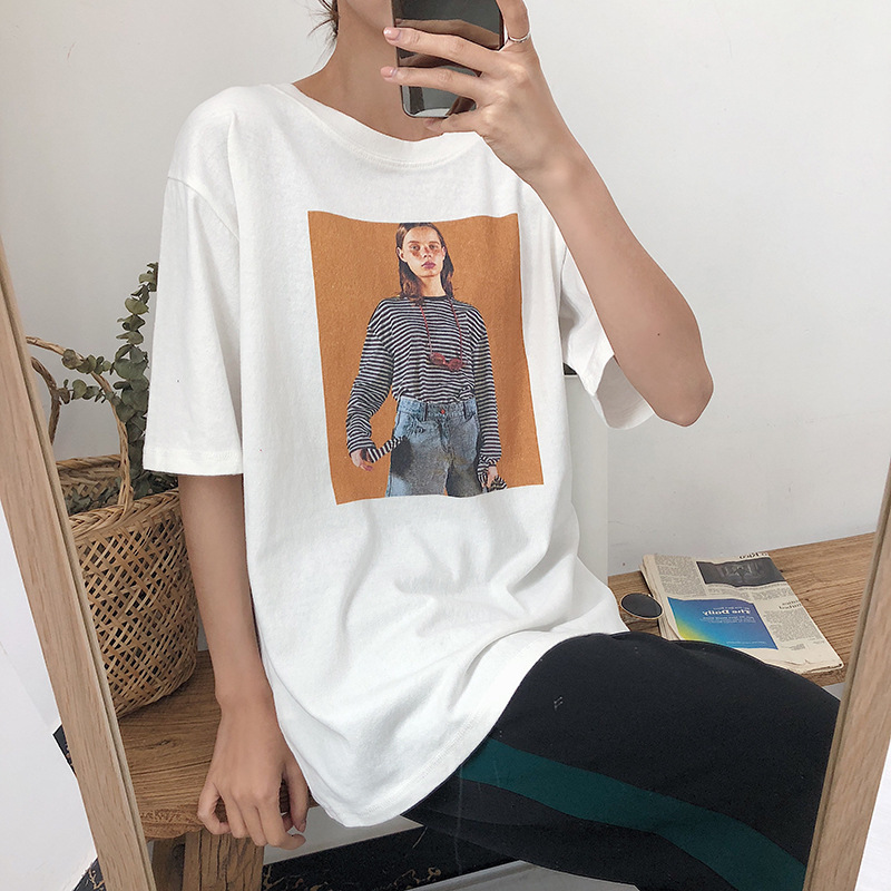 

2021 New nice girl print harajuku T-shirts for women summer hip hop tshirt plus casual size femme shirt fly top X813, White