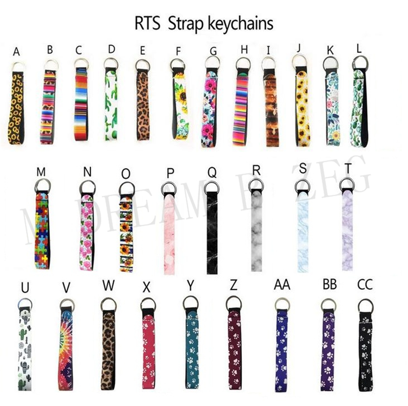 

Neoprene wristlet keychain colourful printed wrist key belt sunflower strip leopard lanyard key ring long diving material keychains