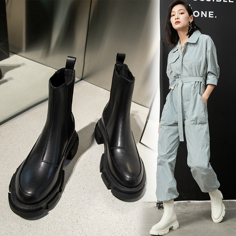 

2021 Women's Upper + Pigskin Lining Antumn and Winter Shoes Ladies Waterproof 2-coloured Platform Boots N0D5, Black-autumn