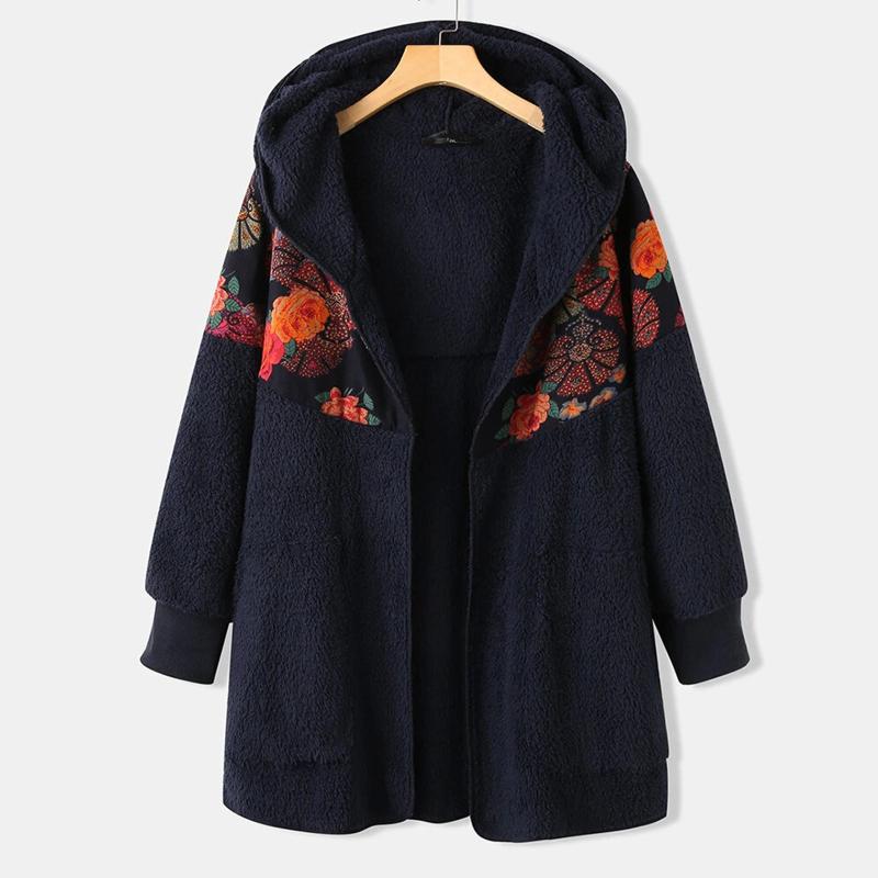

Women Fashion Woolen Coat Retro Printing Splicing Hood Plush Sweater Long Sleeves Cardigan Women Coat Vintage Pull Femme Hiver, Brown