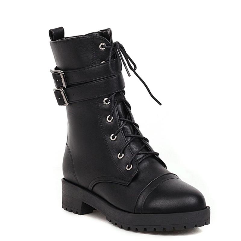 

Double Belt Buckle Cross Straps Thick Heel Round Toe Mid-Calf Boots PU Side Zipper Street Style Motorcycle Boots, Black