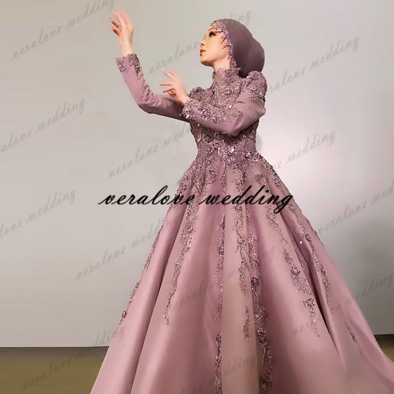 

Pink Arabic Muslim Evening Dress High Neck Lace Appliques Satin Abaya Prom Party Gowns Vestido De Fiesta De Boda, Fuchsia