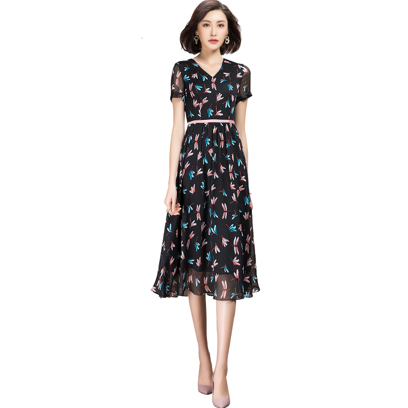 

Summer Short Sleeve Neck Floral Chiffon Dress Woman 5k7o, Black
