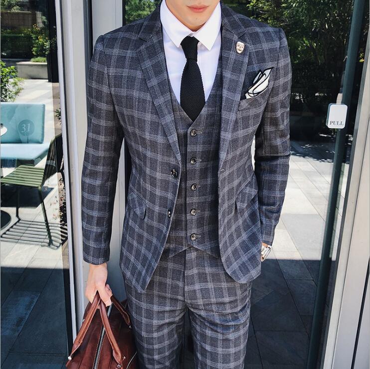 

Plaid Single-breasted 3 Piece suit for men Korean Fashion Business Mens Suits Designers 2020 Slim Fit Wedding Suits Men, Blue
