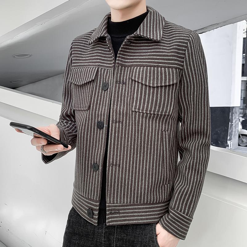 

New UYUK Winter Fashion Men's Wear Large Pocket Design Jacket Short Style Stripe D Lapel Coat Hombre Homme Clothes, Black