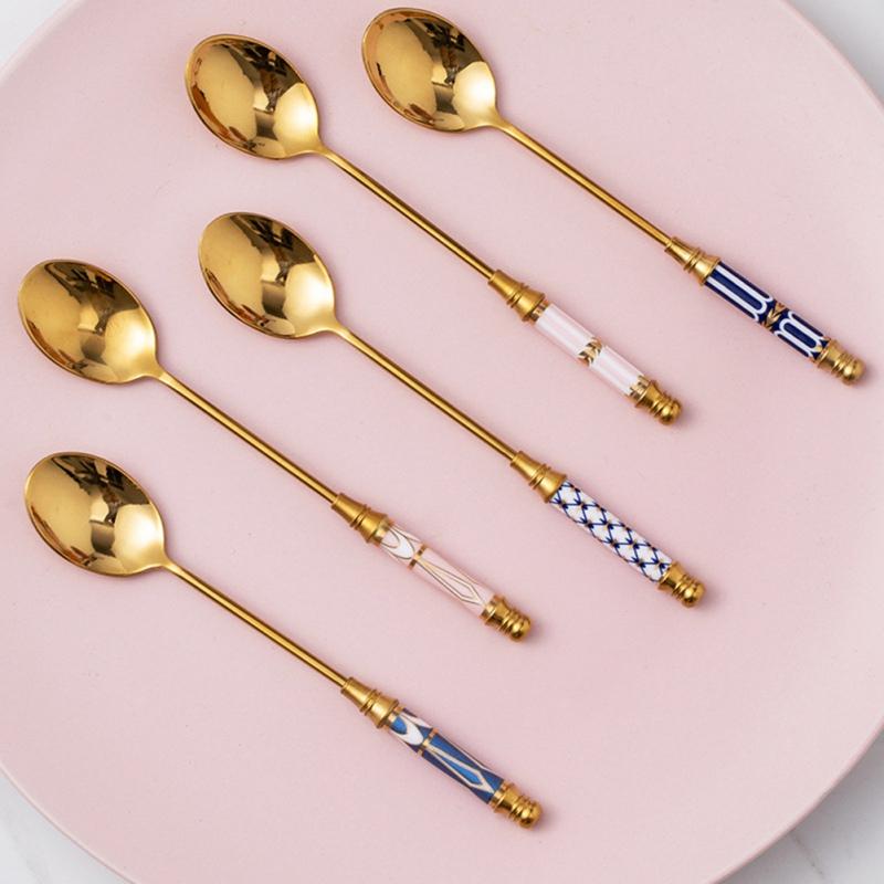 

Stainless Steel Coffee Stirring Spoon Flatware Ceramic Long Handle Vacuum Plating Ice Cream Teaspoon Gold-plated Dessert Spoon