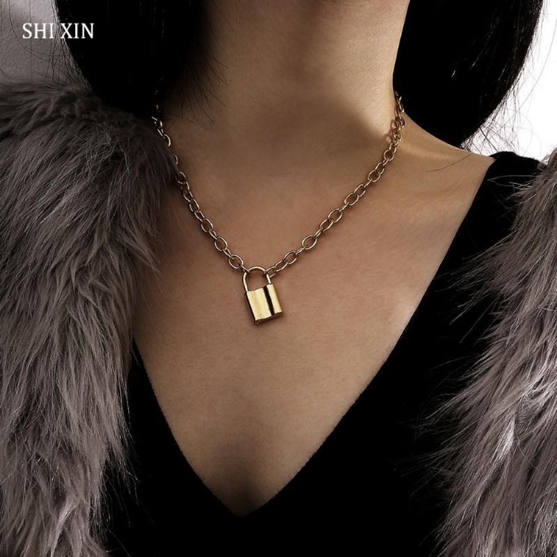 

SHIXIN Boho Charms Long Thick Chain Lock Pendant Choker Necklace Women Fashion Jewelry Accessories Statement Elegant Female Gift