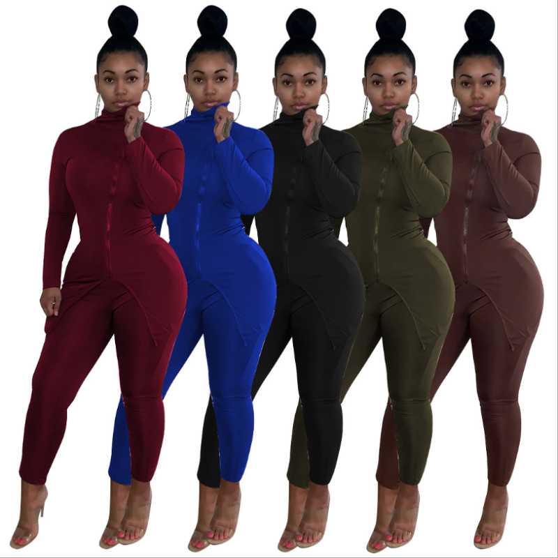 

Autumn Newest Women Casual Sets Fashion Lady High Neck Long Sleeve Skinny Zipper Split Tops High Waist Leggings For Sports Party, Brown