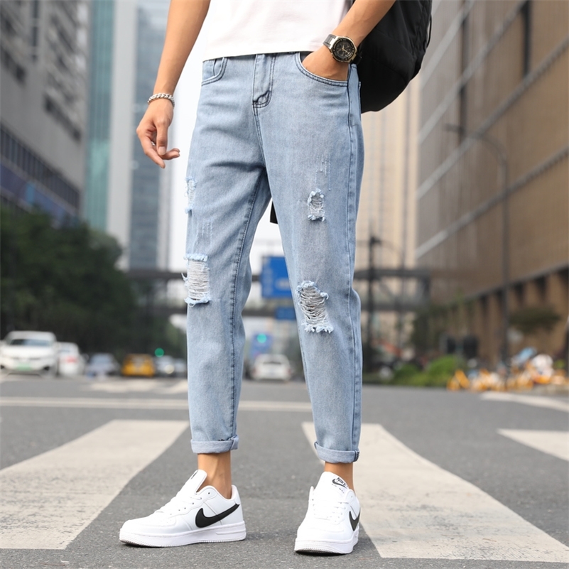 

Fashion Mans Jeans Clothes broken hole pants torn men's solid cotton straight tube thin vintage washed jeans streetwear 201111, Blue