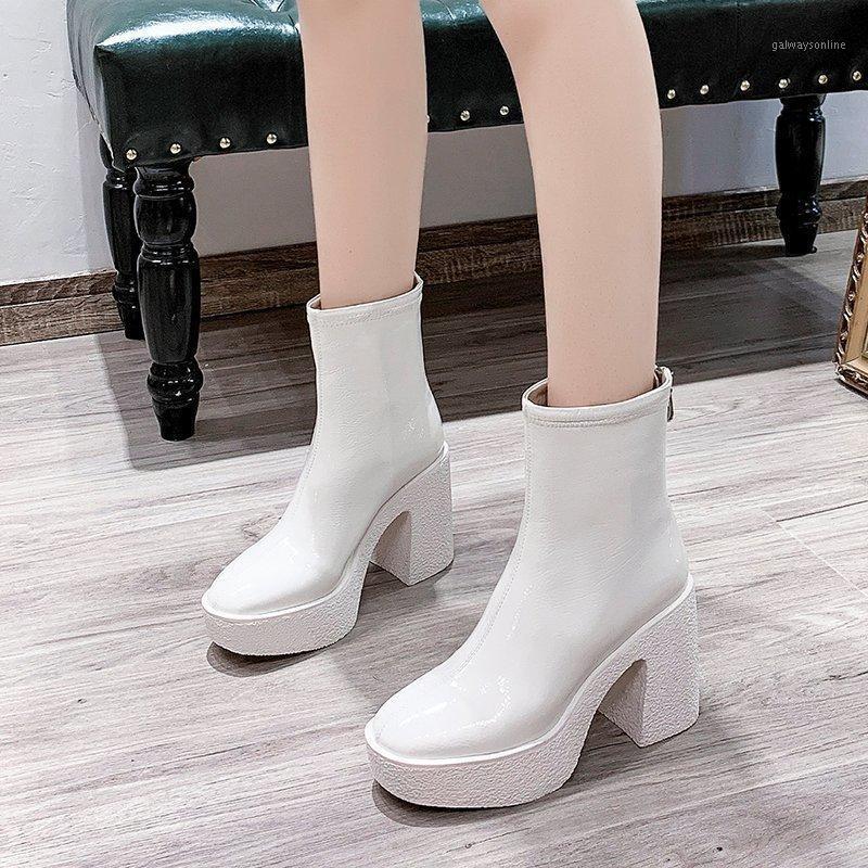 

Solid Color Platform Ankle Boots Women Pumps Round Toe Thick Heel High Heel Shoes Winter Women Boots Zapatillas Mujer 2021 New1, Black