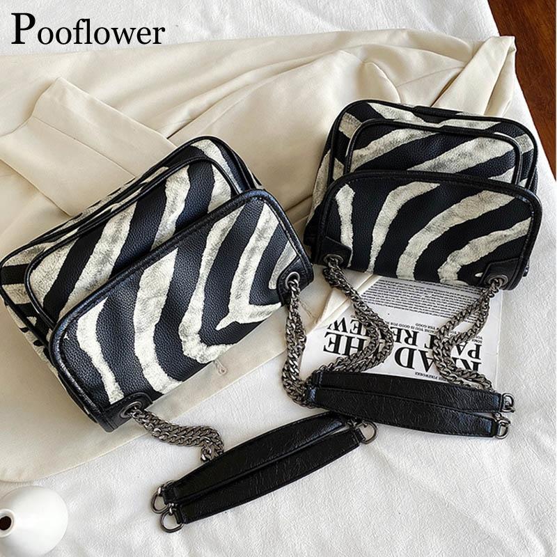 

Pooflower Vintage Cow Striped Pattern Panelled Chains Shoulder Bags for Women 2021 Designer Black PU Leather Crossbody Bag ZH365, Small