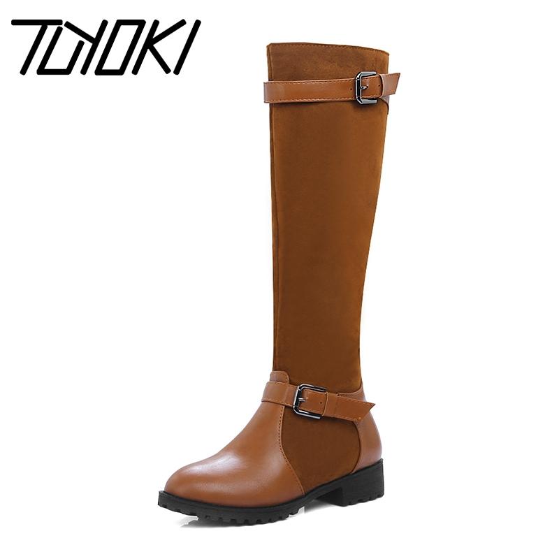 

Tuyoki Women Knee High Boots Brand 2020 New Winter Metal Buckle Flats Boots Warm Patchwork Casual Shoes Women Plus Size 34-44, Black