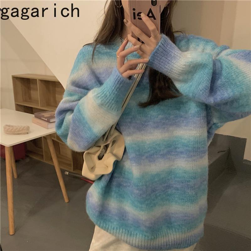 

Gagarich Women Sweater 2020 Winter Autumn Korean Simple Casual Striped Gradient Tie-Dye Designed Sweet Girls Pullovers, Blue