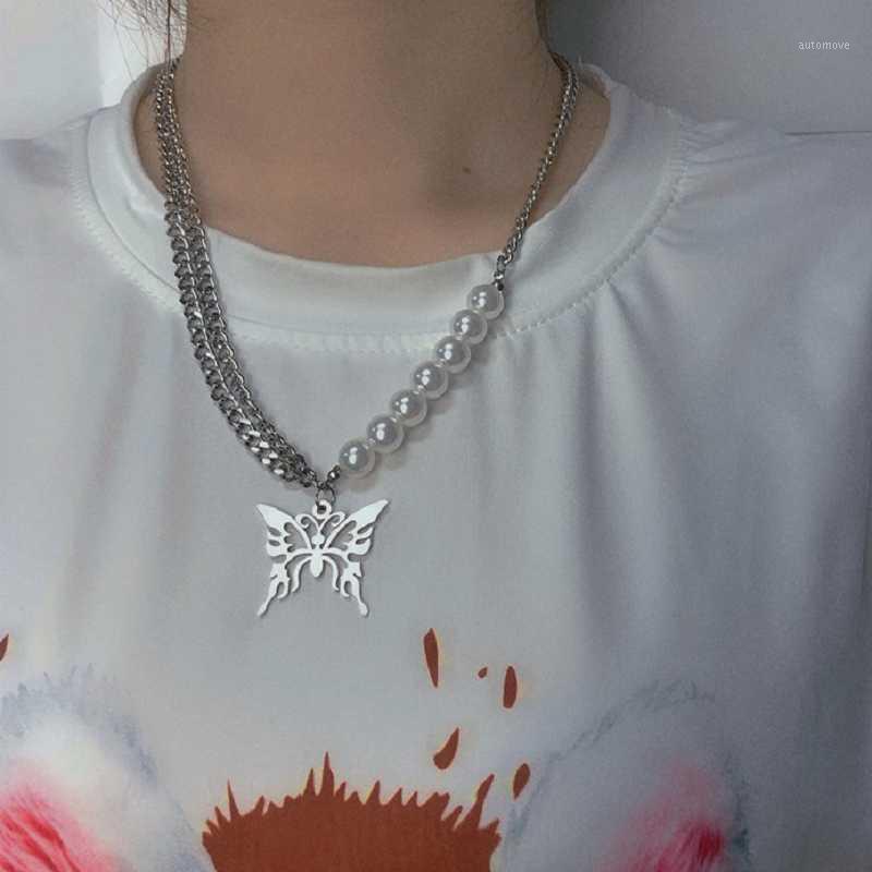 

New Trendy Fashion Pearl Butterfly Necklace Sliver Color Asymmetry Pendant For Women Jewelry Gift1