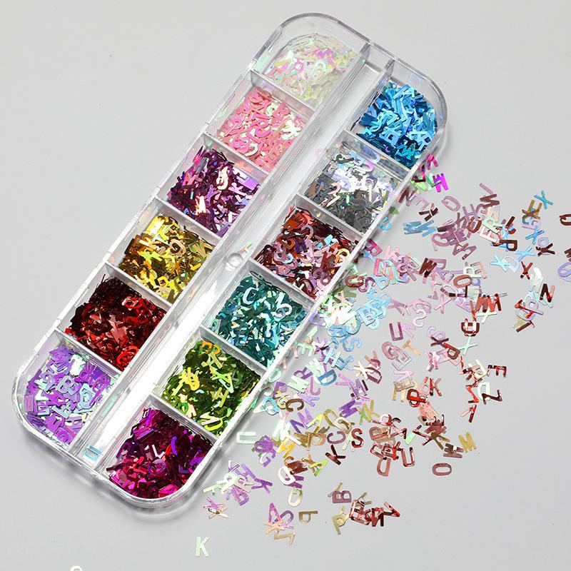 

12Grids#YJY101 Mirror Sparkly Letter Nail Sequins Paillette Colors Nail Holographic Glitter 3D Flakes Slices Art Accessories