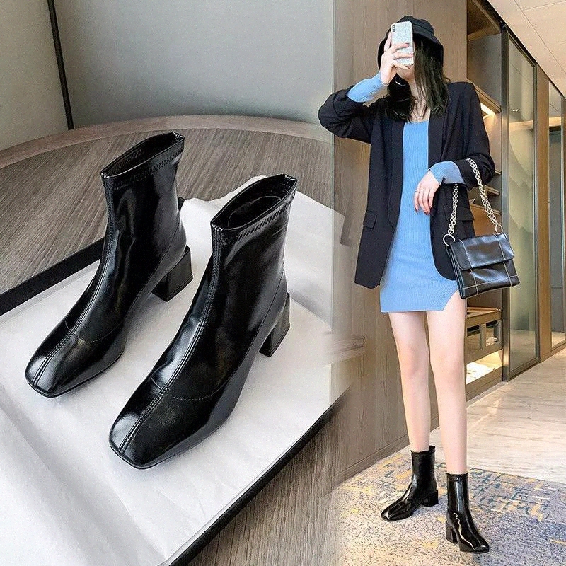 

Thin Boots Short Boots Women 2021 New Autumn and Winter Fashion Soft Leather Square Toe Martn Thick Heel Stretch #2z2G, Black