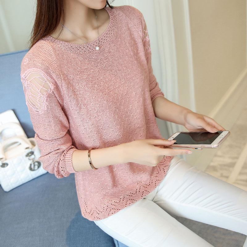 

HED White Hollow Out Sweater Women Casual Knit Base Sweater Long Sleeve O Neck Fashion Loose Elegant Slim Female Tops, Red