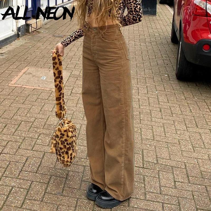 

ALLNeon Indie Aesthetics Solid Corduroy Wide Leg Pants Y2K Fashion High Waist Baggy Pants Vintage 90s Streetwear Brown Trousers1