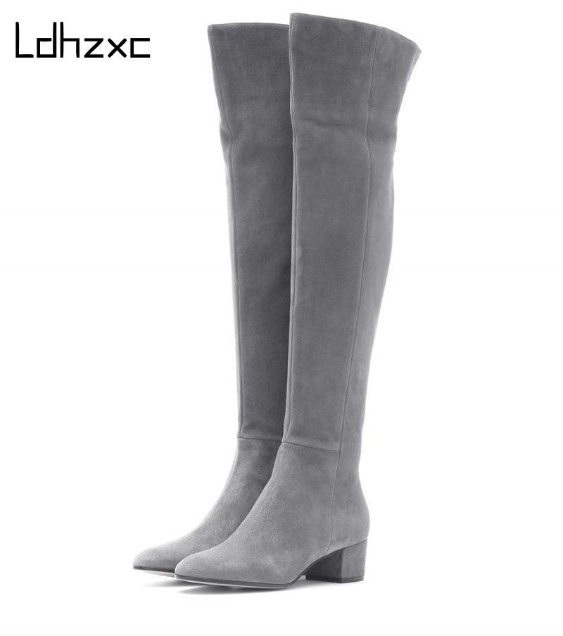 

LDHZXC over the knee boots genuine leather cow suede medium heel women boots winter thick heel snow size 33-43, Beige