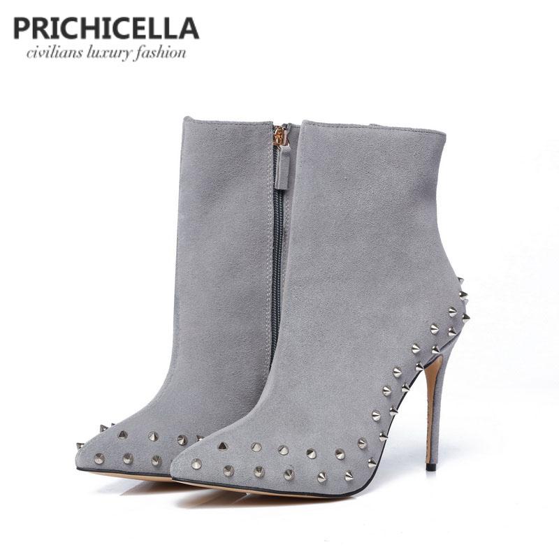 

PRICHICELLA genuine leather grey suede pointed toe studded 10cm thin heels ankle boots size34-42, Black