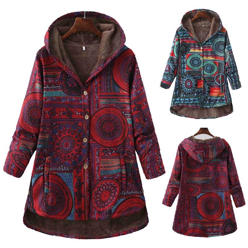 

Women Winter Printed Hooded Coat Vintage Harajuku Oversize Loose Pocket Jacket Fashion Plus Velvet Thick Warm Outwear Long Coats, White