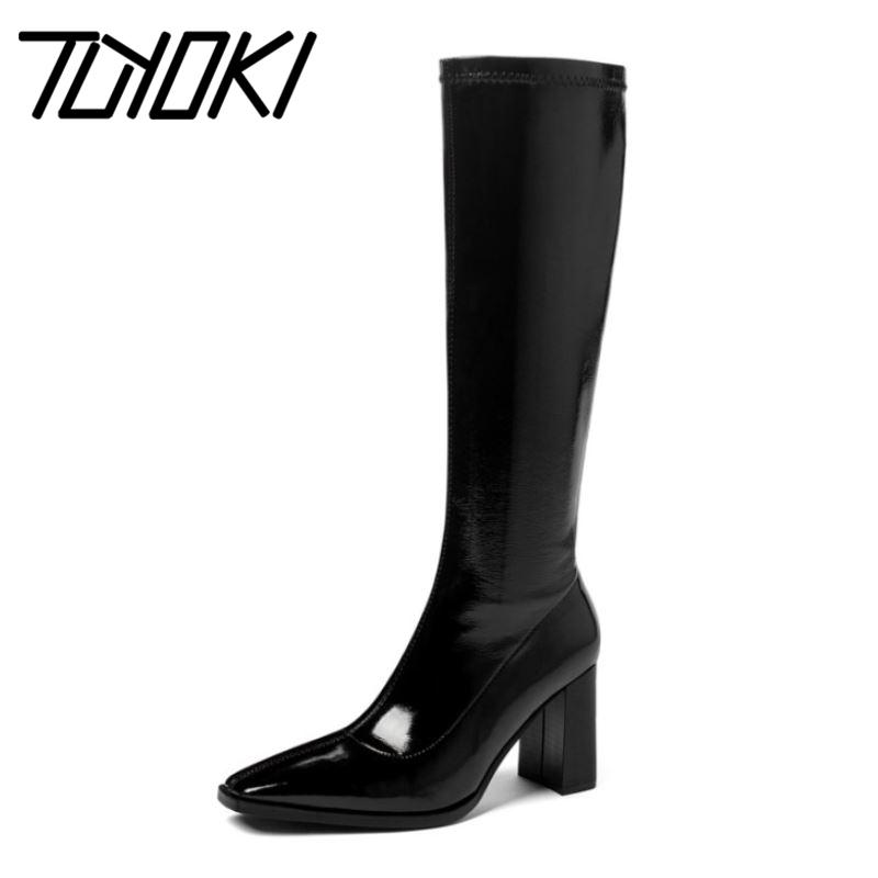 

Tuyoki Women Knee Boots Zipper Thick High Heel Shoes Women Square Toe Winter Warm Long Boot Leather Party Footwear Size 34-39, Black 1