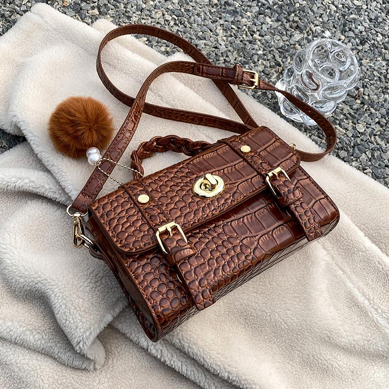 

Niche Design High-end Women Bag Fall/winter New Fashion Retro Messenger Bag Wild Western Crocodile Pattern Square Width 20cm, Black