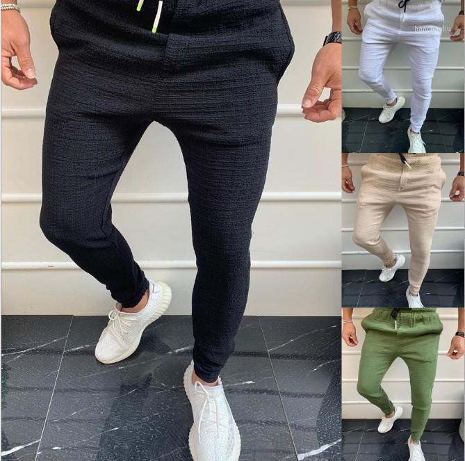 

Men' Jogging Pants Compression Leggings Running Pants Sports Male Fitness Training Lace-up Solid Color Trousers1, White