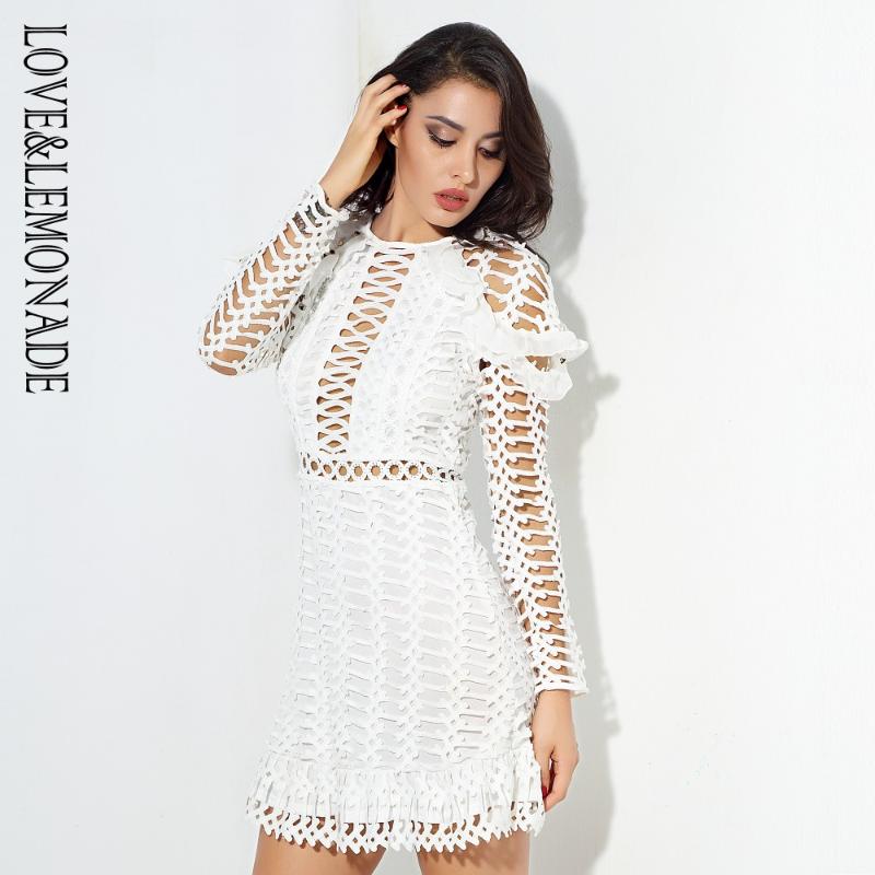 

LOVE & LEMONADE White Geometric Figure Lace Lotus Leaf Gold Button Dress LM0558