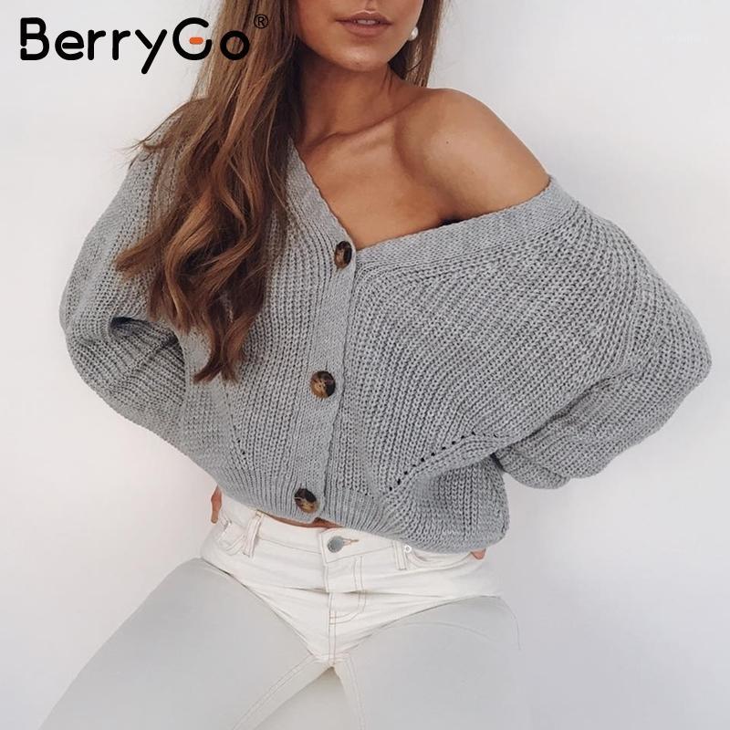 

BerryGo Sexy v-neck women knitted cardigan Casual button bat sleeve white sweater cardigan Autumn winter loose knit sweater coat1, Gray