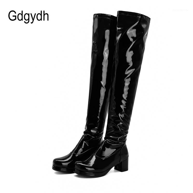 

Gdgydh Patent Leather Waterproof Over The Knee Boots Women Candy Colors Green Yellow Fashion Style Long Boots With High Heels1, Black