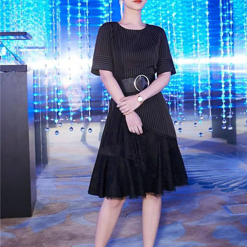 

Stripped Printing Short Sleeve Belt Sewing Fine Black Lace Simple Spring-summer Women's 2021 New High Quality Fashion E3zr