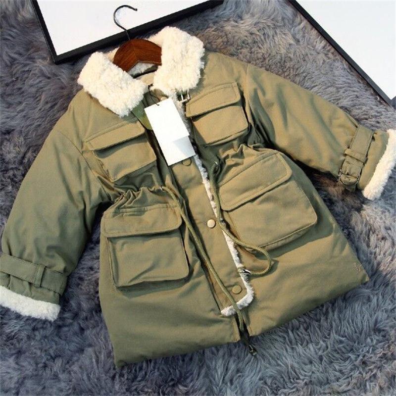 

A3290 Girls' padded clothes winter thickened children's lapel plus velvet cotton coat baby mid-length cotton coat boy1, Army green