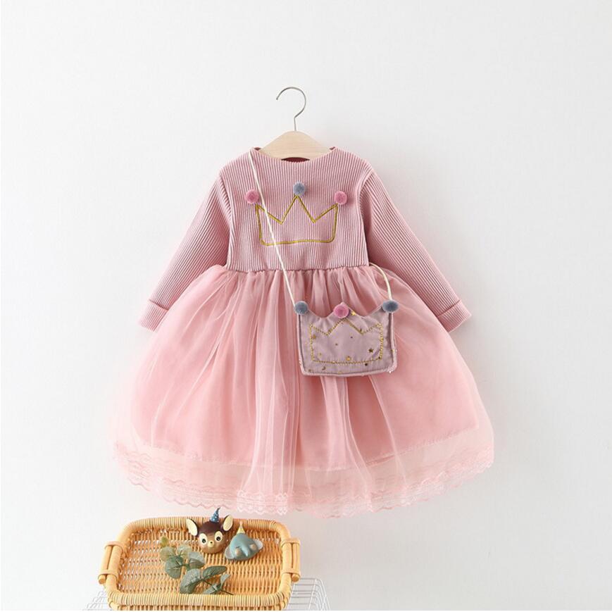 

New Girls Lace Princess Crown Dress With Bag Spring Autumn Baby Kids Long Sleeve Cotton Clothes Children's Party Dresses, Pink