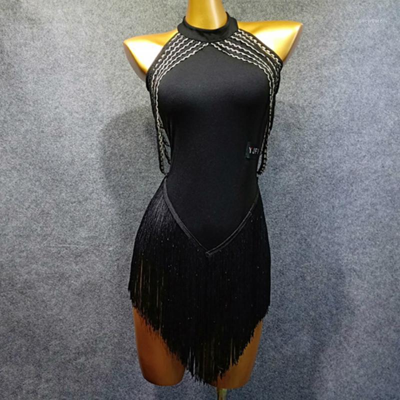 

Latin Dance Costume Female Adult New Fringed Skirt Practice Skirt Dance Dress Tango Samba Salsa Dress1, Black