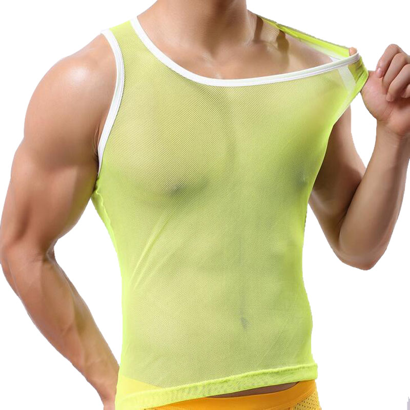 

Sexy Mesh Transparent Sleeveless Men tank top men New tank top Tight Stretch Bodybuilding Muscle Shirts Mens Tank Tops, Black