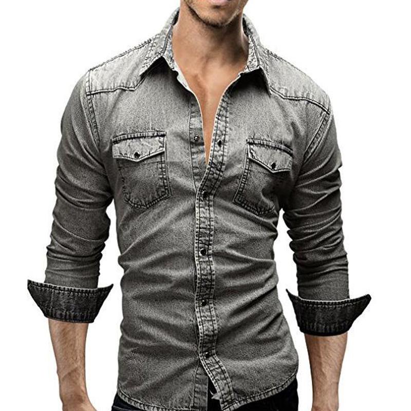 

Denim Shirt Men 2020 Male Denim Shirt Retro Men Long Sleeve Brand Clothing Camisa Hombre M-XXXL CFDFD, Light grey