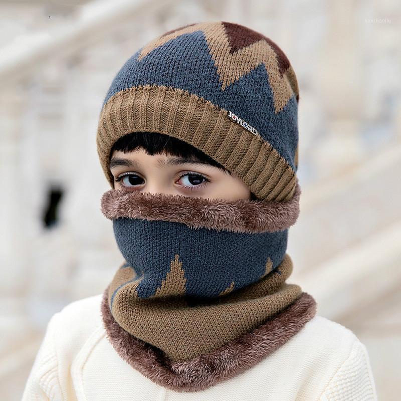 

Children's Hat Woolen Knit Hat Autumn and Winter Jacquard Flame Pattern Pullover Boys and Girls Pullover1, Khaki 2pcs se