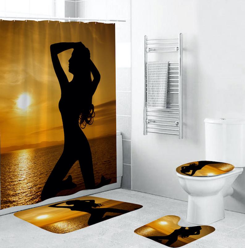 

Sunset Beauty Shower Curtain Base Carpet Cover Toilet Seat Bath Mat Set Bathroom With Hooked Curtain