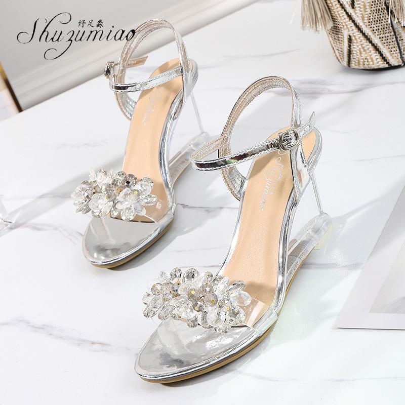 

SHUZUMIAO Fashion Women Heel Crystal Flowers Shoes Big Size 34-43 Girls Casual Wedge Sandals Sexy Crystal Heel Summer Sandals, Silver
