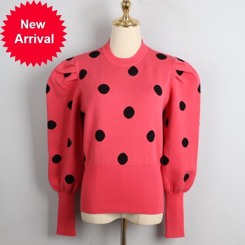 

Autumn 2021 New Fashion Simple New Polka Dot Pullover Base Sweater Puff Manga Female Knitted Shirt Top ECWO, Pink